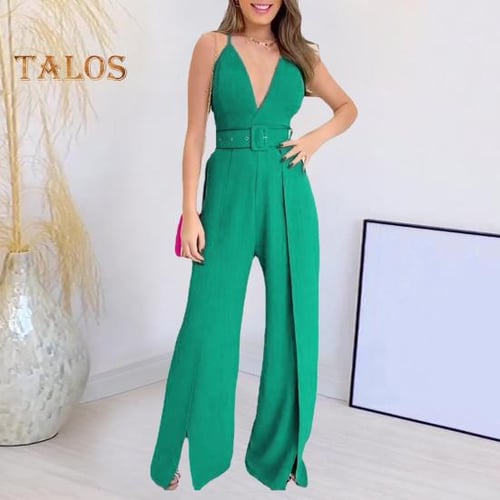 Fashion pure colour sleeveless belted jumpsuits online