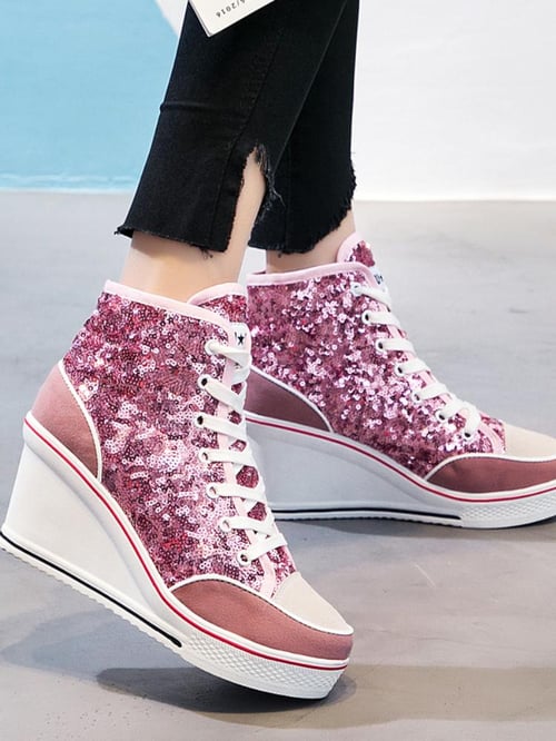 Silver glitter wedge sneakers sales