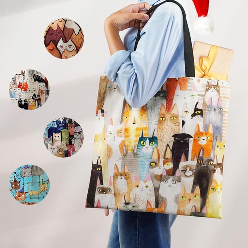 Cute Kawaii Cartoon Anime Cat Print Linen Tote Bag Women Fashion