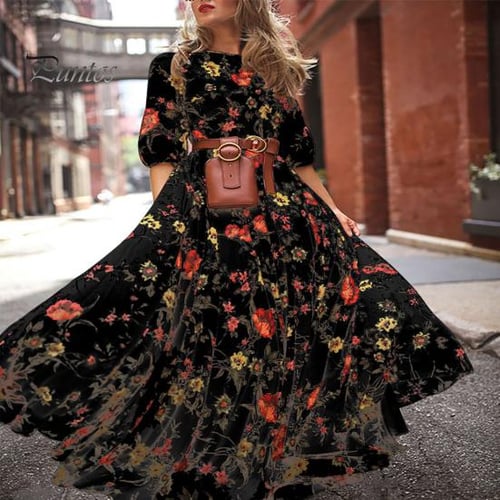 Vintage print a line high waisted dress new arrivals