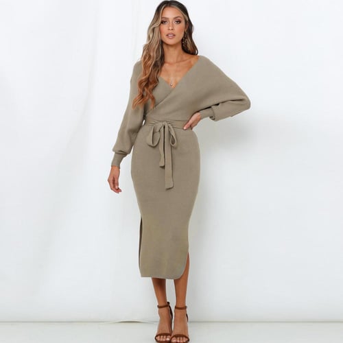 V neck cross bandage slim knitted dresses online