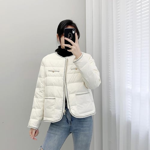 Collarless down coat clearance