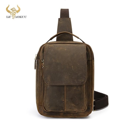 Dark Brown Original Leather Men Casual Fashion Travel Triangle Chest Sling Bag Design outlet Tablet One Shoulder Strap Bag Daypack Male Men Retro